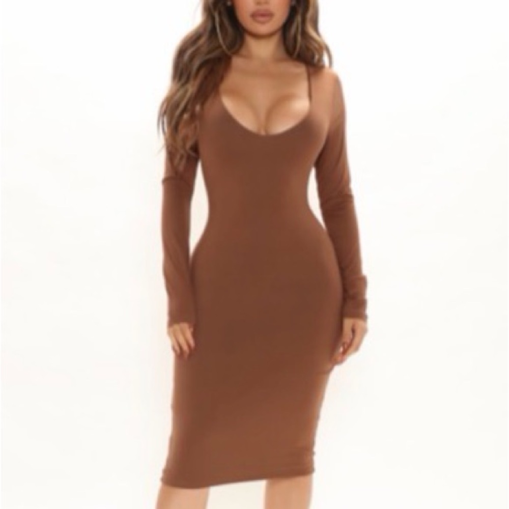 Fashion Nova Camel Brown Long Sleeve Bodycon Dress